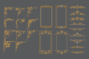 Set Of Golden Vintage ornament with border, frame, pattern, crown, corner, label and luxury elements, suitable for vintage design or wedding invitation card