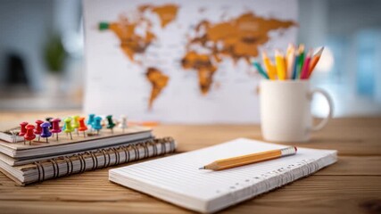 Global Inspiration: A collection of stationery, travel accessories, and a world map create a scene of exploration, planning, and the joy of charting a course across the globe.