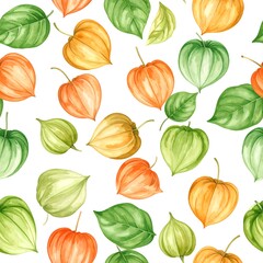Watercolor botanical seamless pattern of physalis