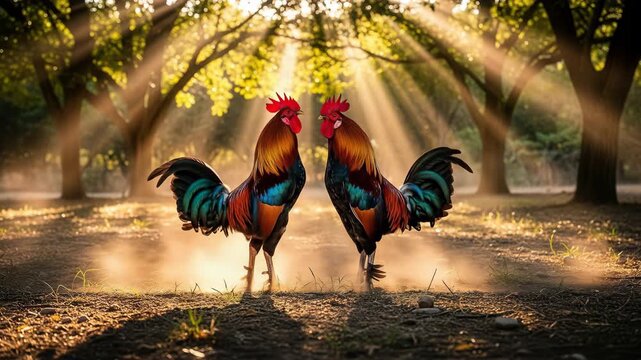 Majestic Roosters Facing Off in a Sunlit Woodland Clash