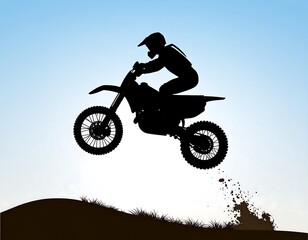 Silhouette of motorcyclist in a high jump against the blue sky backdrop
