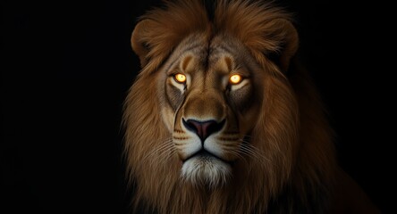 Fototapeta premium Close-up portrait of a majestic lion with glowing eyes, set against a black background