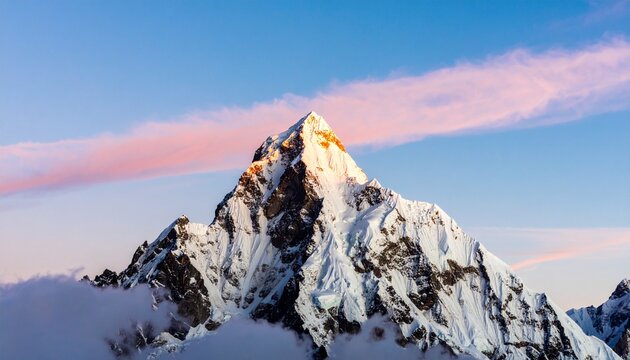 The golden hour light illuminates a majestic, snow-capped rocky mountain peak rising above a sea of clouds at sunset - Powered by Adobe