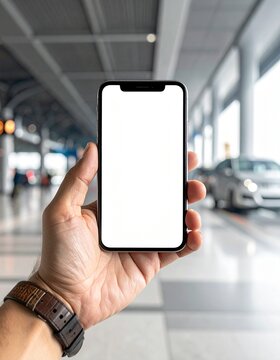 Close-Up of a Man's Hand Holding a Blank iPhone at an Airport Terminal, Using Smartphone with a White Screen for Mockup Display
