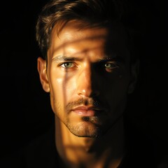 Obraz premium Close-up portrait of a young man with green eyes, illuminated by dramatic lighting, dark background.