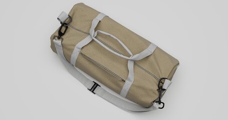Top view duffel bag mockup. Fabric travel bag with handles and shoulder strap, ideal for branding,...