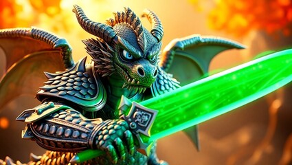 Fototapeta premium 3D humanoid dragon figure with green scales holding a sword