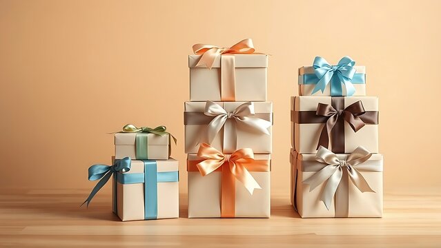 Neatly arranged gift boxes with satin ribbons, symbolizing thoughtful presents and joyful occasions.