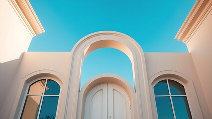 An elegant arched doorway of a luxurious home, framed by a clear blue sky and natural daylight.