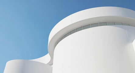 Fototapeta premium Curved White Modern Building Exterior Against Blue Sky, Architectural Design Element, Abstract Background