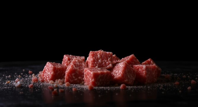 Cured Meat Cubes, Gourmet Food Photography, Delicious Ingredients, Dark Background, Close Up, Food Styling, Culinary Image, Appetizer, Antipasto, Charcuterie, Recipe, High-Resolution, Professiona