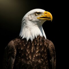 Obraz premium Powerful portrait of a bald eagle with detailed plumage on black canvas