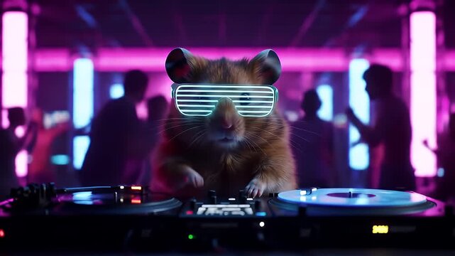 A cute cyberpunk hamster DJ spinning tracks in a futuristic nightclub, a vibrant 3D animation