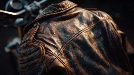 Fototapeta premium Close-up of a worn leather motorcycle jacket