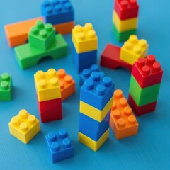 Vibrant construction blocks creating dynamic and playful arrangements on teal background