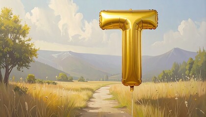 Gold balloon letter 'T' in a rural landscape