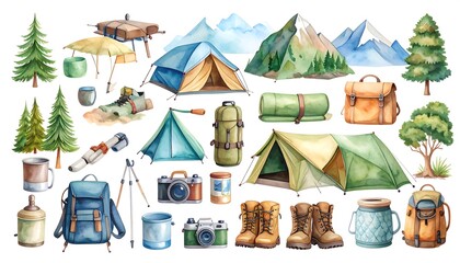 Watercolor camping equipment collection