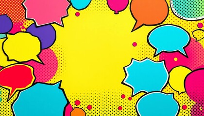 Vibrant colored comic book style background with speech bubbles and halftone dots,  colorful,  whoosh