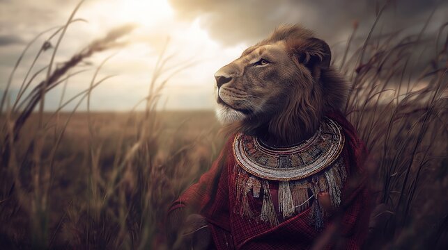 A majestic African lion dressed in traditional Maasai tribal clothing, cinematic lighting, cultural representation