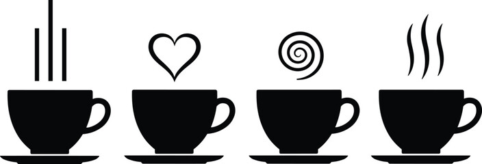 Minimal Black Coffee and Tea Cup Icons with Steam, Heart, and Swirl Symbols – Vector Silhouette Set for Café Branding Design