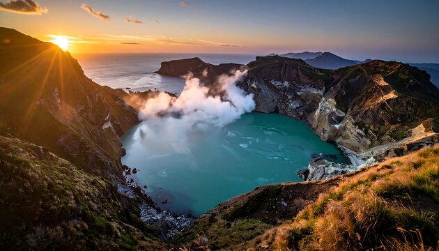 Volcanic crater lake at sunrise