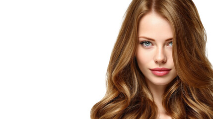 Fototapeta premium Beautiful young woman with wavy long hair and flawless skin posing confidently against a plain black background while gazing directly at the camera