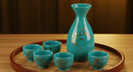 Elegant teal ceramic tea set with intricate gold patterns on a wooden tray
