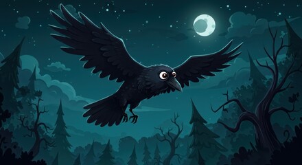 Fototapeta premium A wide-eyed cartoon crow takes flight through a tranquil, moonlit forest, a captivating vision of nocturnal nature in a whimsical, illustrated scene