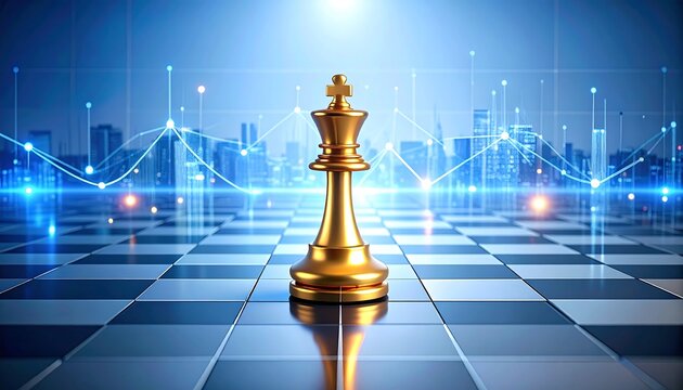 Golden king chess piece on a chessboard in a city background