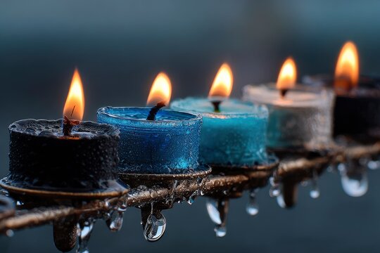 Burning tealight candles wet with rain - Powered by Adobe