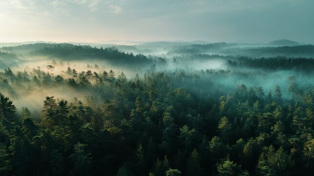 Drone shot over a foggy pine forest at dawn, ethereal aesthetic, 