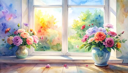 Watercolor window with flowers
