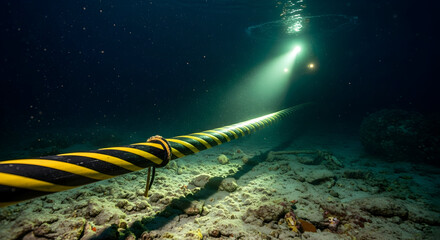 Underwater Shot of Yellow and Black Striped Cable Laying on Seabed