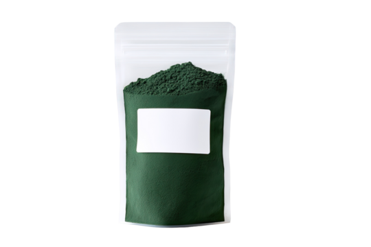 A clear plastic pouch filled with dark green powder. A blank label is affixed to the pouch