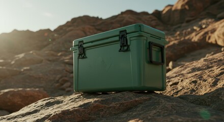 Green Portable Cooler on Rocky Terrain Under Sunset for Outdoor Adventure Enthusiasts