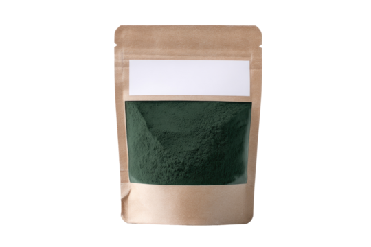 Kraft paper pouch with a dark green powder