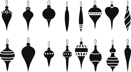 Set of diverse Christmas ornaments vector silhouettes with elegant shapes and patterns perfect for festive holiday decoration designs.