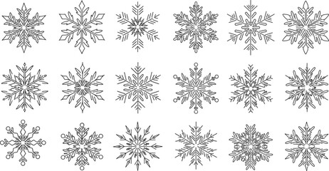 Set of decorative snowflake vector icons in detailed line art style for winter, Christmas, festive, and seasonal graphic design projects.