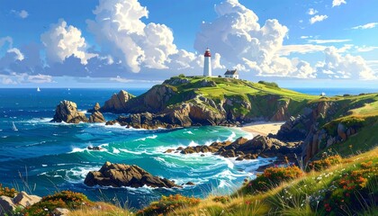 Seascape View of Coastal Lighthouse on a Cliffside with crashing waves