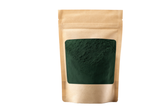 A kraft paper pouch filled with dark green powder.  A clear window displays the powder