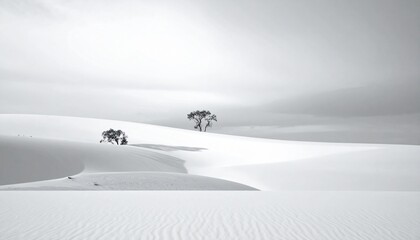 White desert dunes under cloudy sky with sparse trees