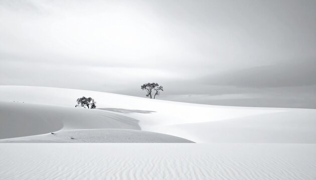 White desert dunes under cloudy sky with sparse trees