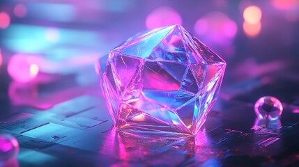 A shimmering crystal gem radiating futuristic energy bathed in neon pink and blue light symbolizing innovation and