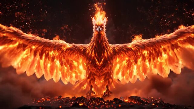 Fiery phoenix rising from flames with glowing wings, a stunning display of power and mythical rebirth for creative projects