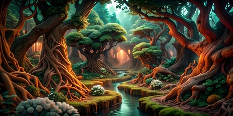 Enchanting forest scenery with tranquil stream and captivating light for fantasy or nature themed projects