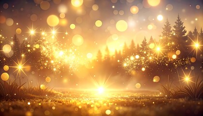 Obraz premium Golden forest scene with bokeh lights