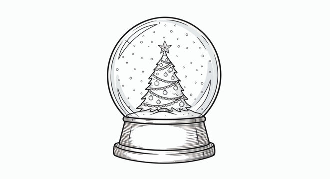 Black and white illustration of a snow globe containing a decorated Christmas tree with a star topper and snowflakes