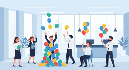 Cartoon office staff celebrating with many colorful balloons in a bright modern workplace