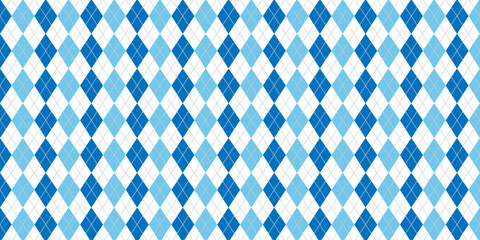 Argyle rhombus seamless pattern. Christmas plaid texture with silver line. Blue geometric diamond abstract pattern. Mans and boys design wrapping bg. Vector illustration isolated on white background.