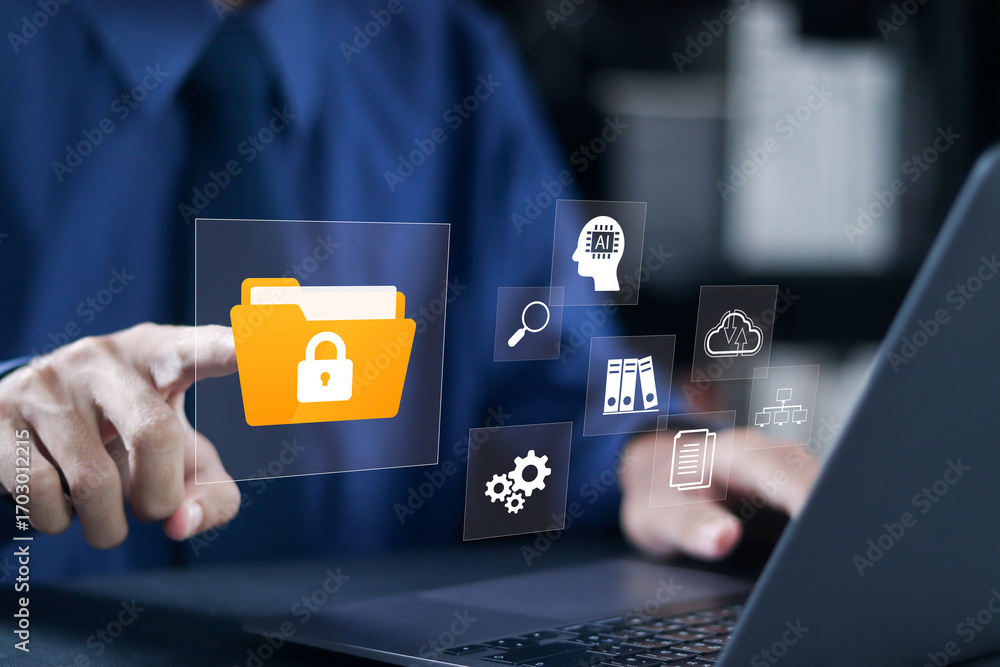 Poster corporate data management system with ai technology concept. personal data and corporate personal da